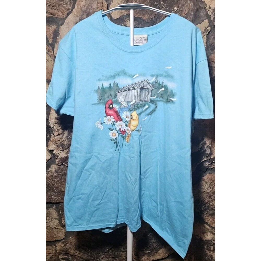 Top Stitch by Morning Sun Women's Tee Shirt Sz XL Cardinal Egg Shell Blue NWT